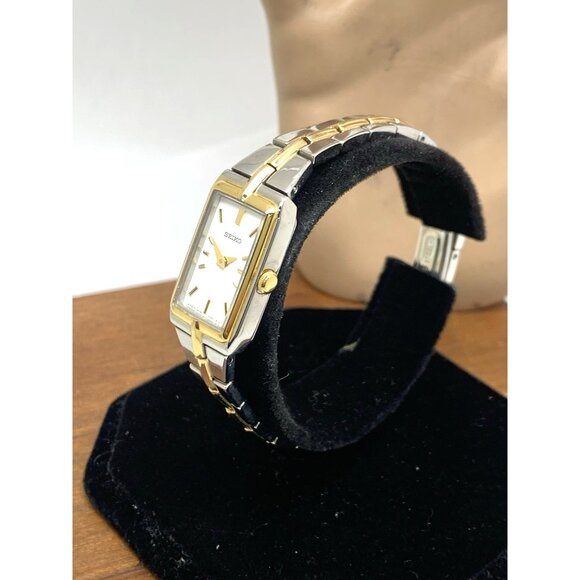 Seiko Women's Watch SWR044 Quartz Petite Tank Rectangle White Dial 2-Tone Steel - Picture 2 of 14